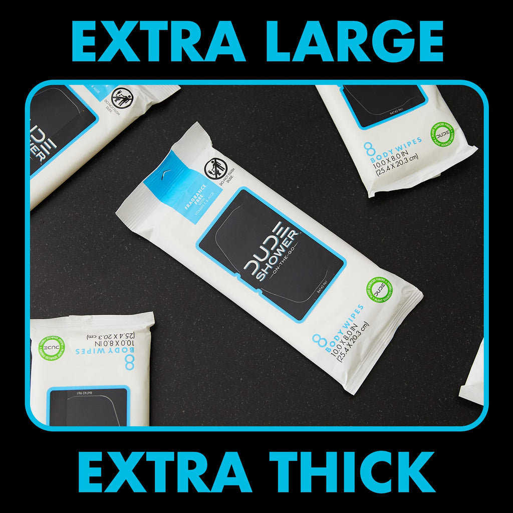 DUDE Wipes Fragrance Free On-The-Go Shower Wipes - Extra-Large and Thick Cleansing Body Wipes for Travel - 3 Packs of 8 (24 Count) - Infused with Vitamin E and Aloe