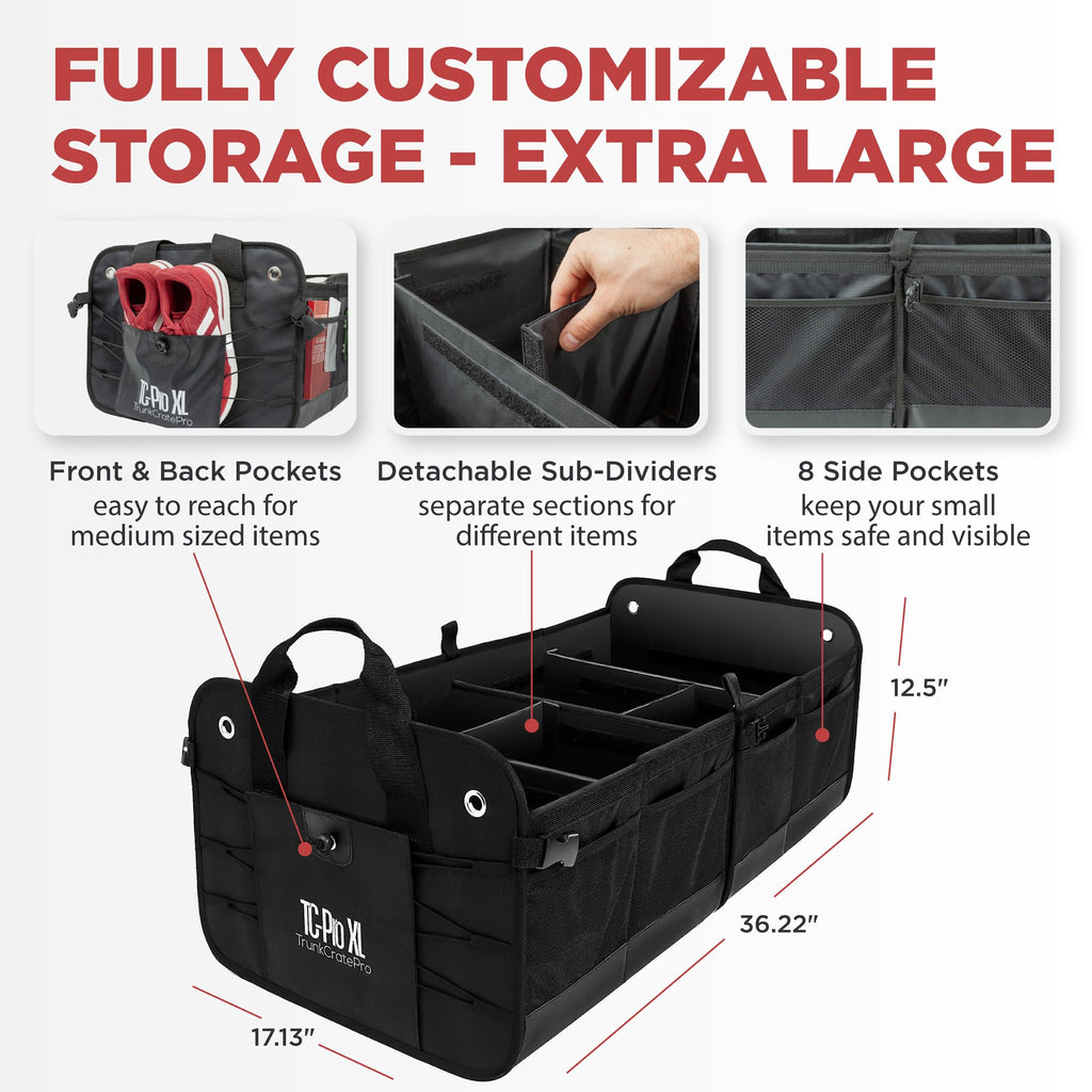 TRUNKCRATEPRO Extra Large Multi Compartments Collapsible Portable Trunk Organizer with Metal Hooks, Recommended for Really Large Loads Black Extra Large