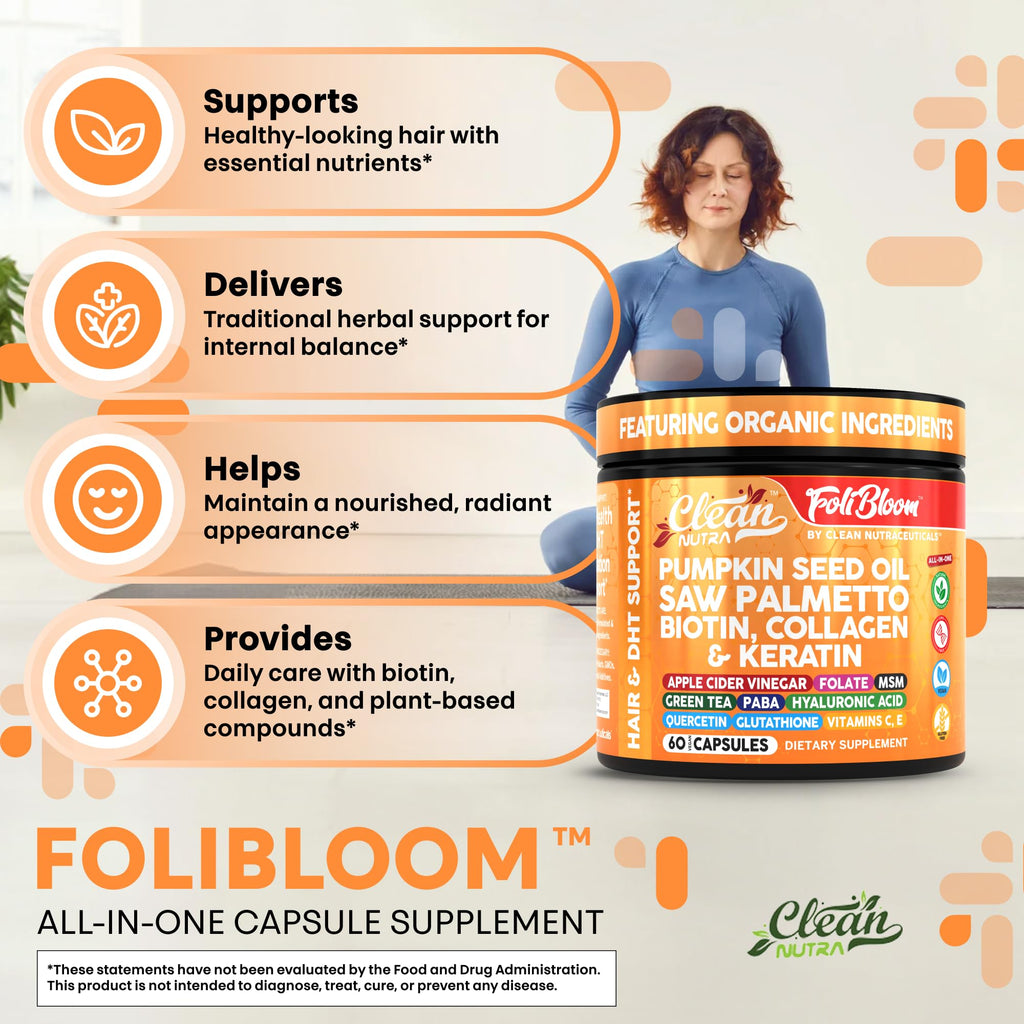 Clean Nutra Pumpkin Seed Oil Capsules + Saw Palmetto Biotin Collagen Keratin MSM Folate Hyaluronic Acid Supplements B12 Zinc Hair Supplement for Women Men Iodine 5-MTHF B-12 Vitamin B9-60 Pills
