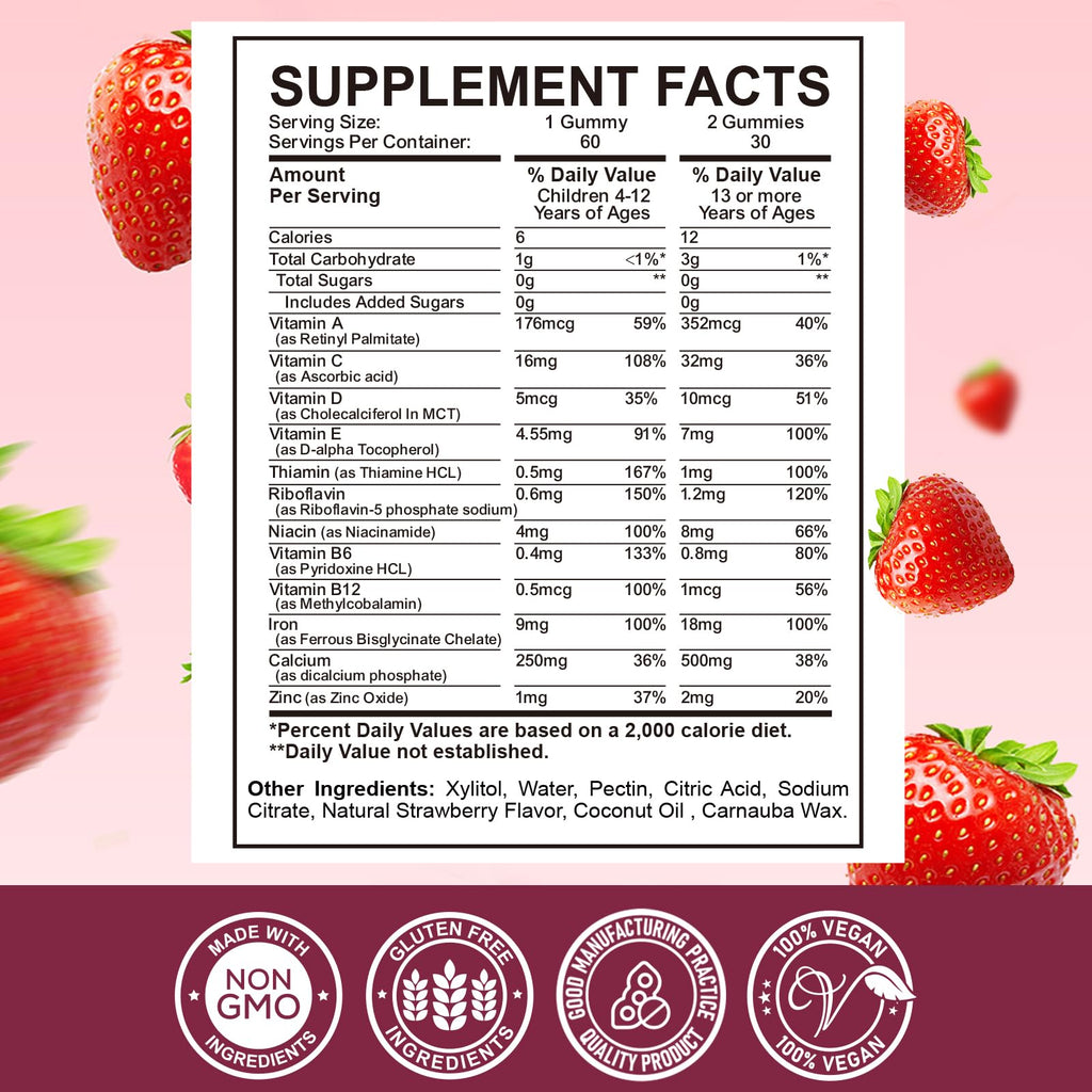 Iron Supplement Gummies for Kids - with Calcium, Zinc, Kids Multivitamin with Iron Gummies - Immune Support, Blood Builder & Energy Support for Iron Deficiency, Anemia, Vegan - 60 Count