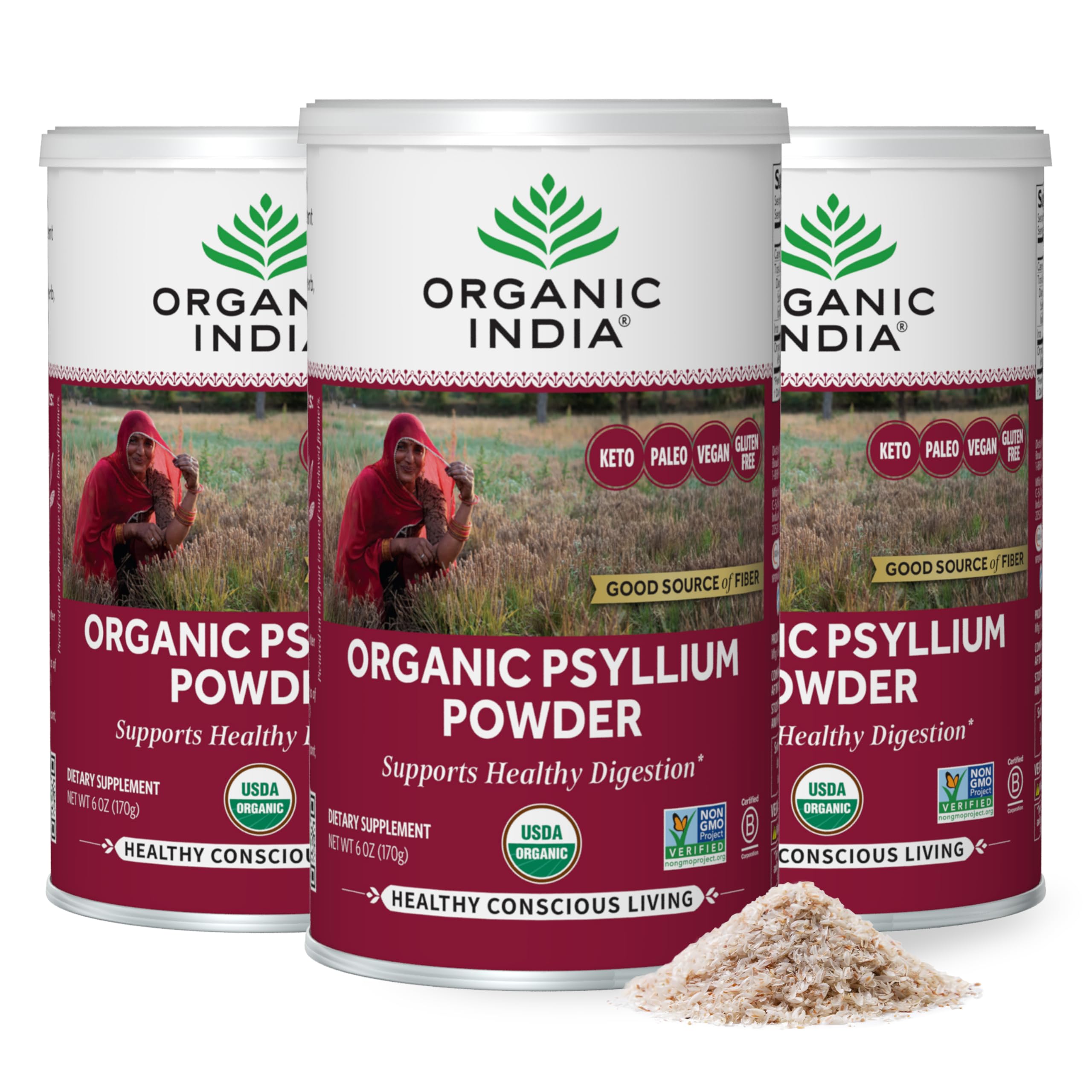ORGANIC INDIA Psyllium Powder Organic - Fine Grain Psyllium Supplement, Digestion Support, Vegan, Gluten-Free, Non-GMO, Source of Fiber - 6 oz (Pack of 3)