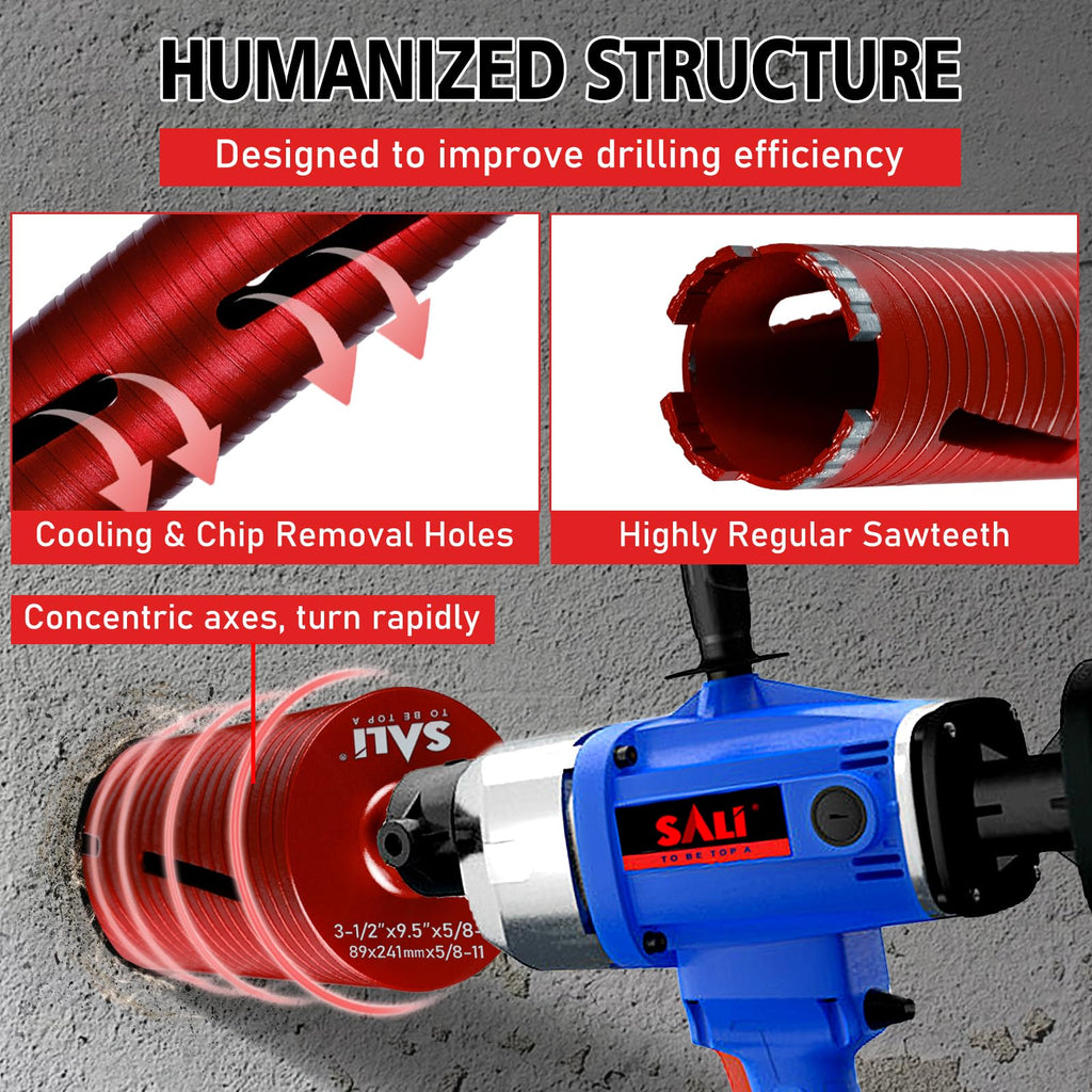 SALI Diamond Core Drill Bits 1" Diameter 10"/254mm Drilling Depth 5/8-11" Thread Core Bit Turbo Laser-Welded Segments for Cured Concrete with Brick Block Masonry with Two Adapters（Red）