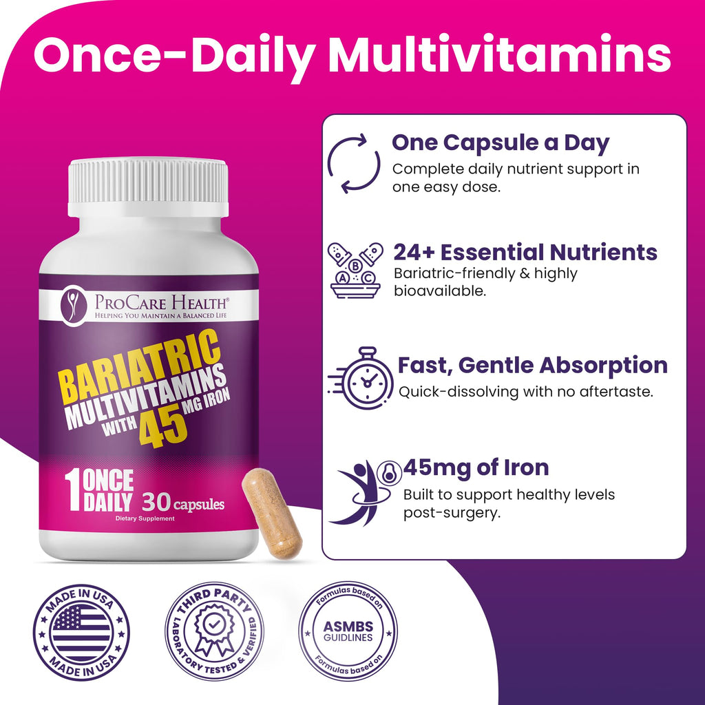 ProCare Health Bariatric Multivitamin with 45mg Iron (30 Easy to Swallow Capsules) - Once Daily Post-Op Support for Gastric Bypass & Sleeve with 1 Month Supply, No Artificial Colors, Gluten-Free