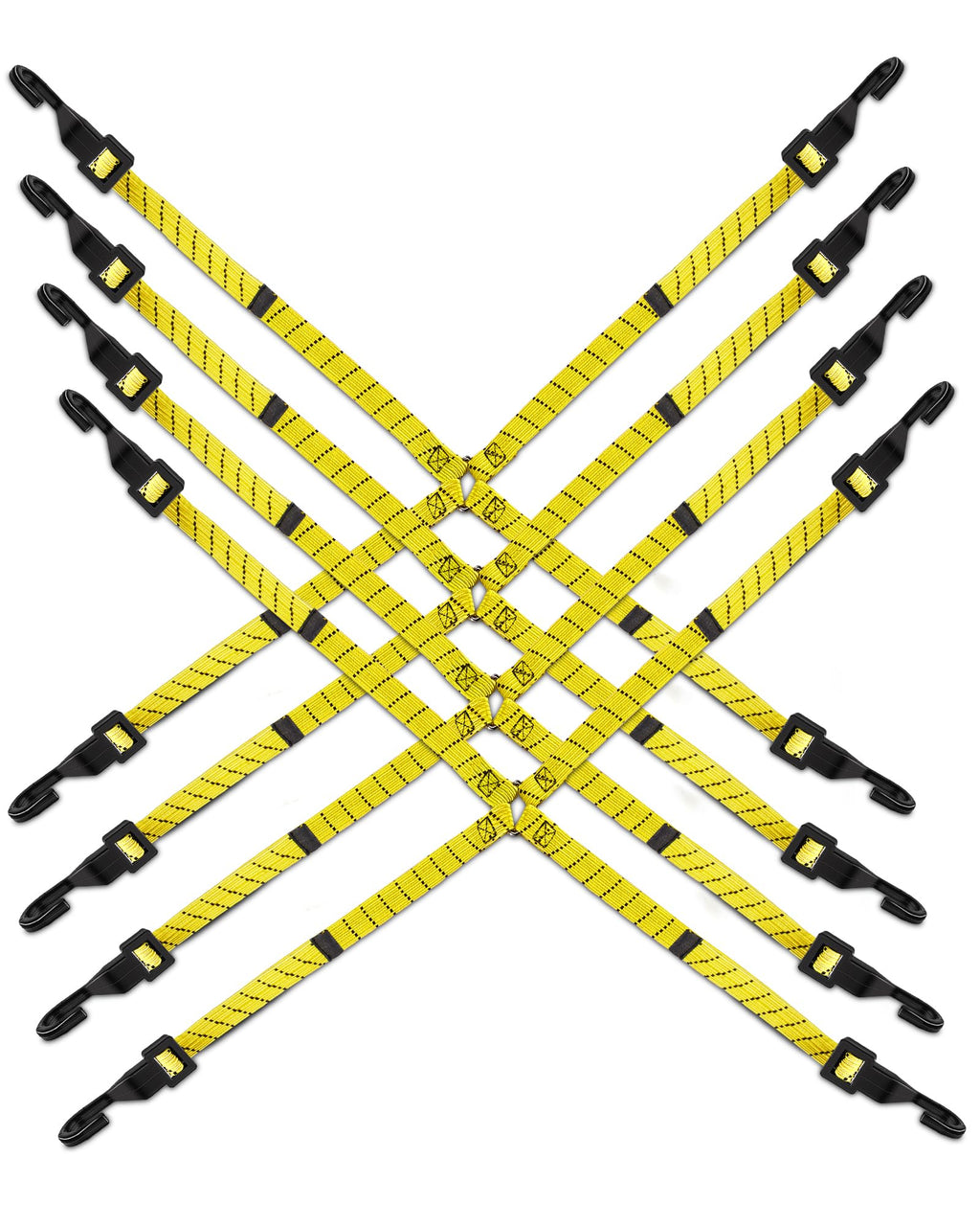 4 Pack 4 Way Flat Adjustable Bungee Cords with Hooks, Easy to Adjust The 4 Sides Length, Lucky Straps 30 Inch Black/Yellow Heavy Duty Tack Strap for Bike, Motorcycle, Roof Rack, Kayak, Cargo, etc