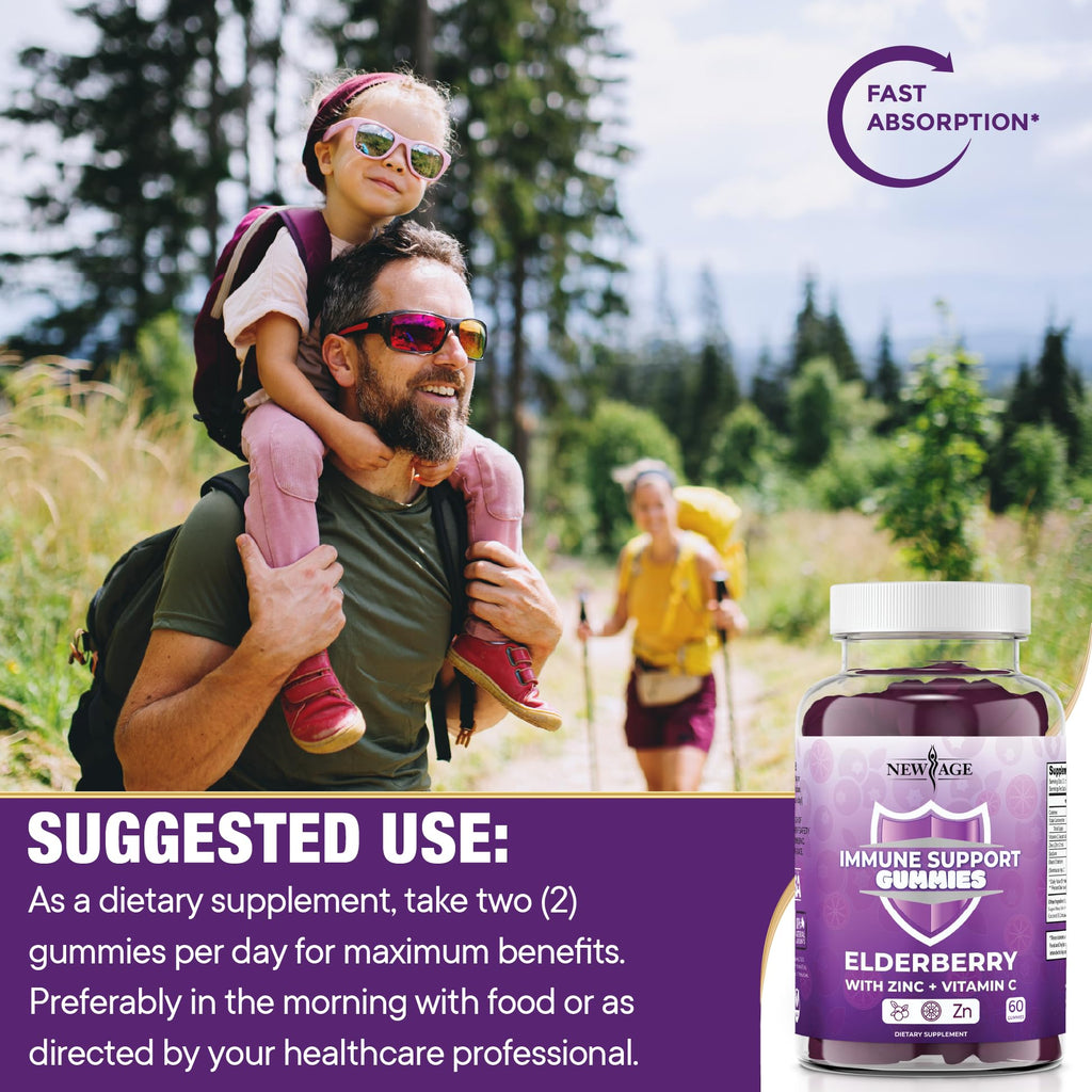 NEW AGE Immune System Support Gummies - Sambucus Black Elderberry Gummies with Vitamin C and Zinc (120 Count (Pack of 2))