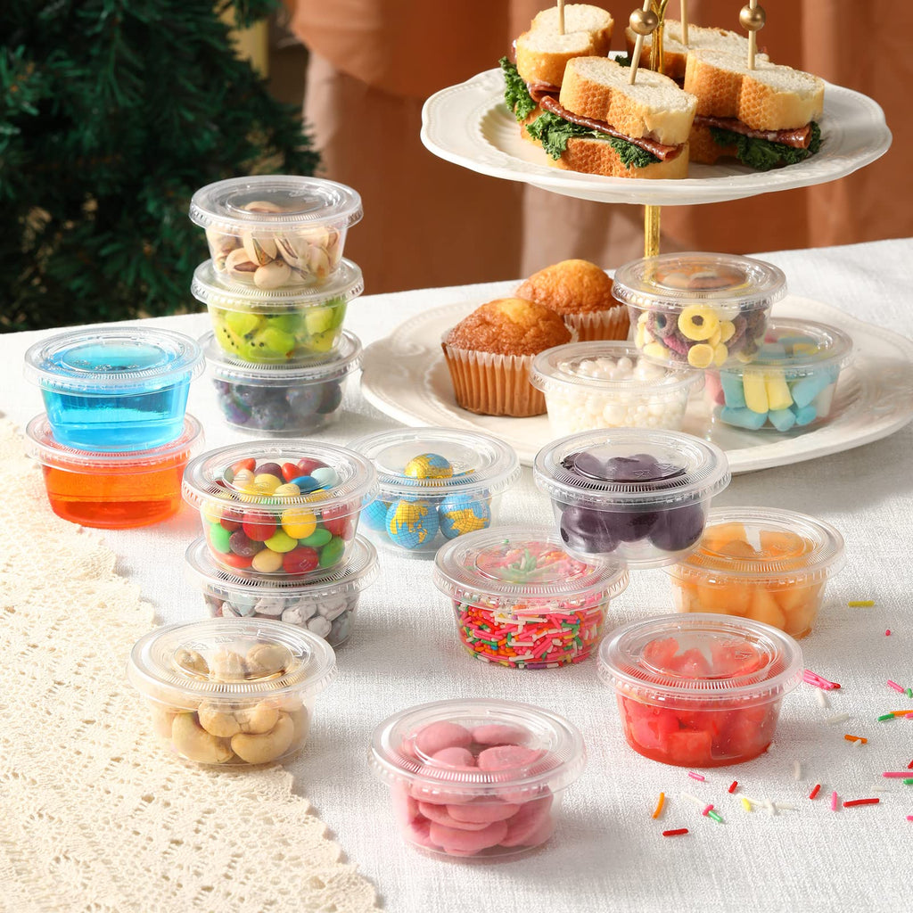 VITEVER [240 Sets - 3.25 oz ] Portion Cups With Lids, Small Plastic Containers with Lids, Airtight and Stackable Souffle Cups, Jello Shot Cups, Sauce Cups, Condiment Cups for Lunch, Party, Trips