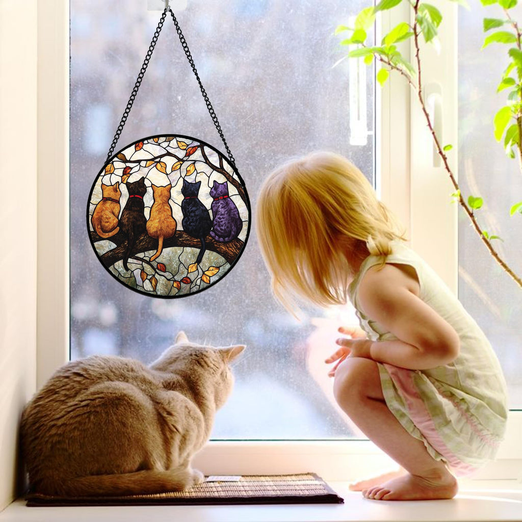 5 Cats on a Branch Stained Glass Window Hanging Suncatcher Gifts 6.3"