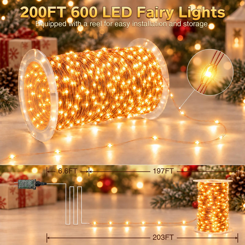 KNONEW 203FT 600LED Outdoor Fairy Lights Plug in Warm White Christmas Decor