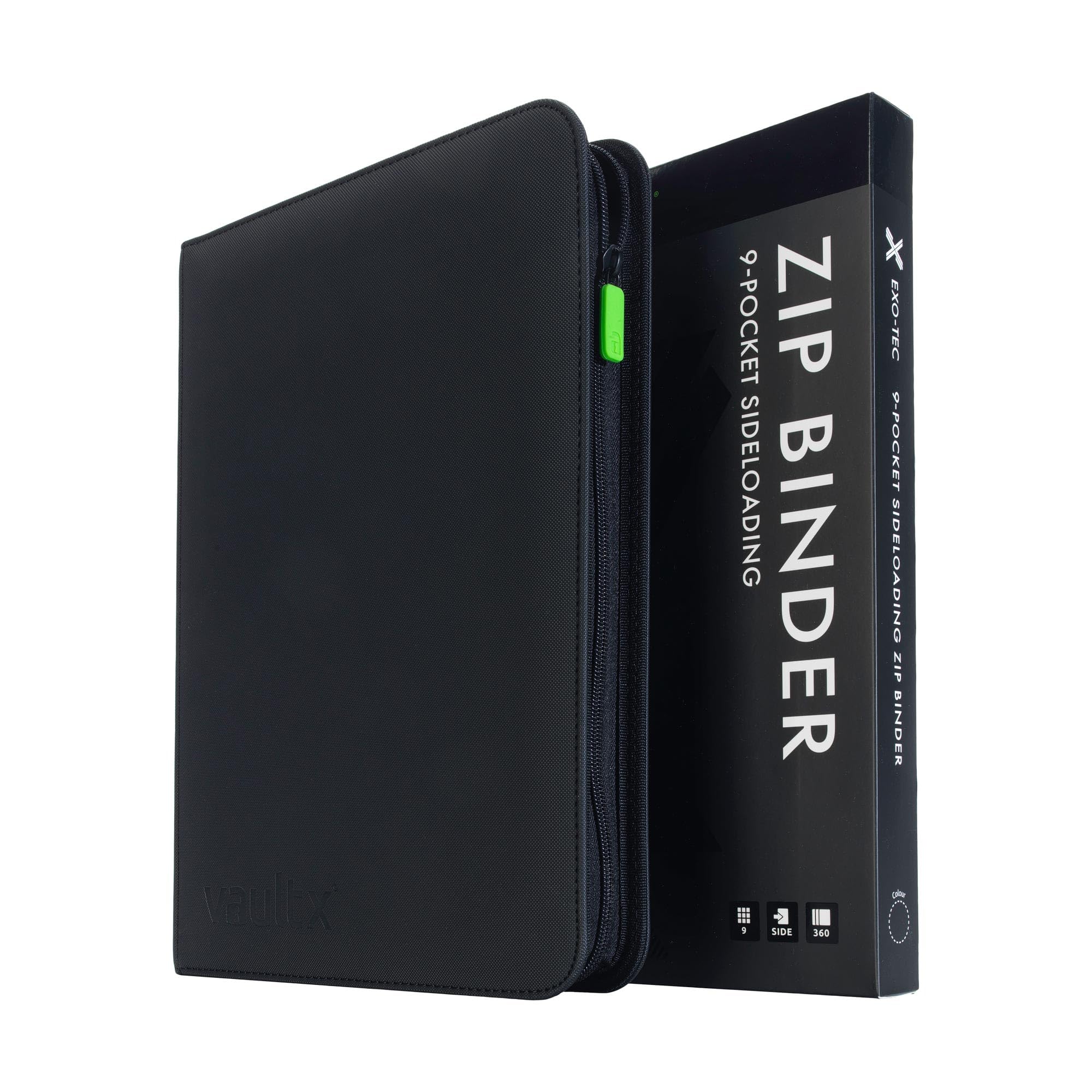 Vault X 9 Pocket Trading Card Zip Binder, 360 Cards, Premium Exo-Tec Album Material, 20 Side-Loading Pages, Folder for Collectible Games, Sports, TCG (Black)