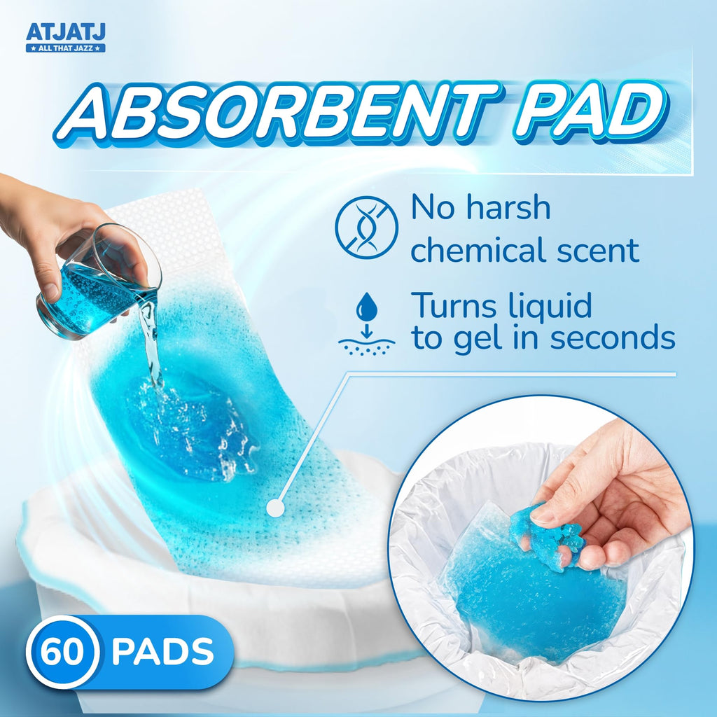 60 Packs Commode Liners With 60 Absorbent Pads, Leak-Proof Disposable Toilet Bags for Adults, Fits All Bedside Toilet Chairs Bucket, Portable Potty Liners for Home Medical Use, No Mess Cleanup