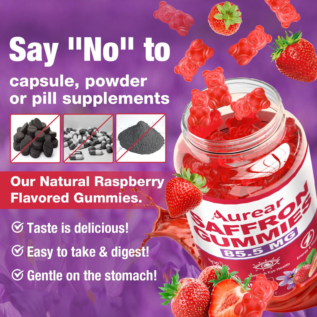 Aurear 2 Pack Saffron Gummies, 10-in-1 Saffron Supplement, Contains 88.5 mg of Saffron Extract, Mood & Sleep Support, Sugar-Free, Strawberry Flavor, 120 Count