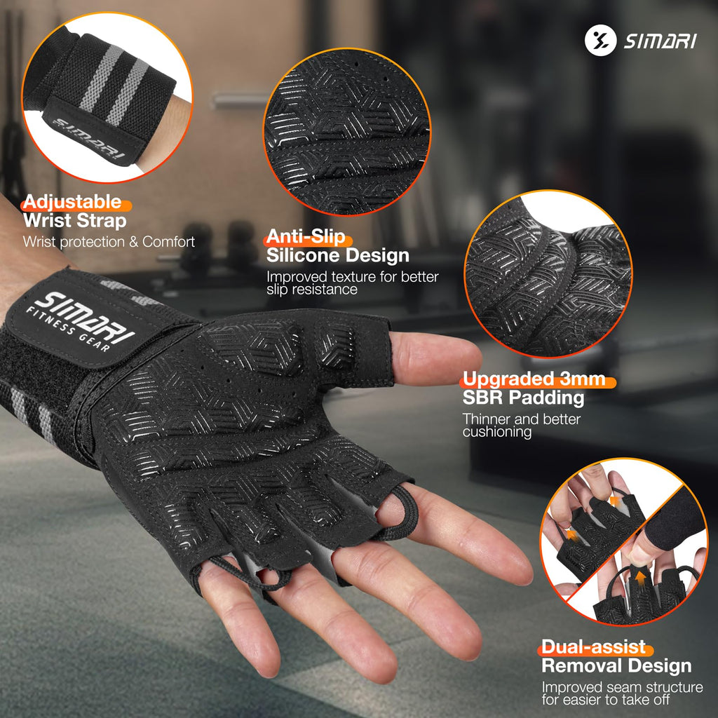 SIMARI Wrist Support Workout Gloves for Men & Women, Weight Lifting Gloves with Padded, Grip, Full Palm Protection, Gift for Gym Exercise, Cycling, Weightlifting Training, Fitness, Black Gray, Size L