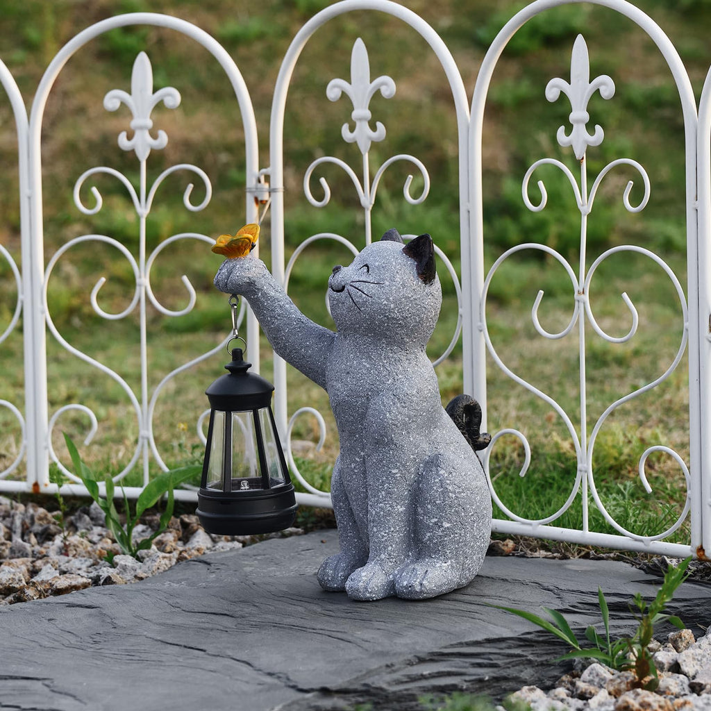Elegondrar Solar Cat Garden Statue Outdoor Decor, Cat Sculpture with Lantern and Butterfly for Yard Lawn Patio Balcony, Christmas, Birthday Housewarming Gifts for Mom, Grandma, Women, 9.4 inch, Resin