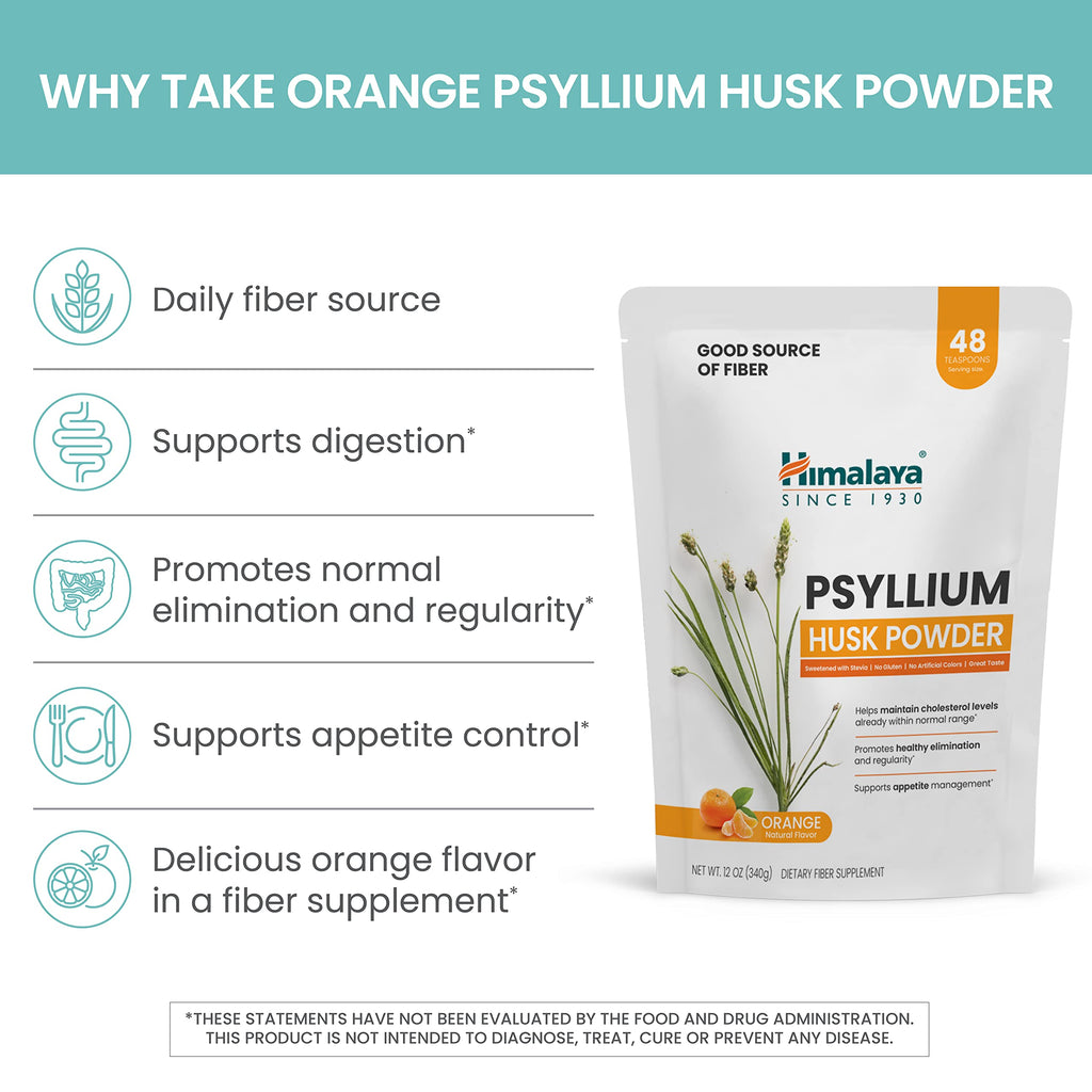 Himalaya Psyllium Husk Powder, Orange, 48 Servings - Daily Fiber Supplement for Supporting Digestive Health and Regularity - Vegan, Non-GMO, Sugar Free, Gluten Free, 12 oz (340 g)