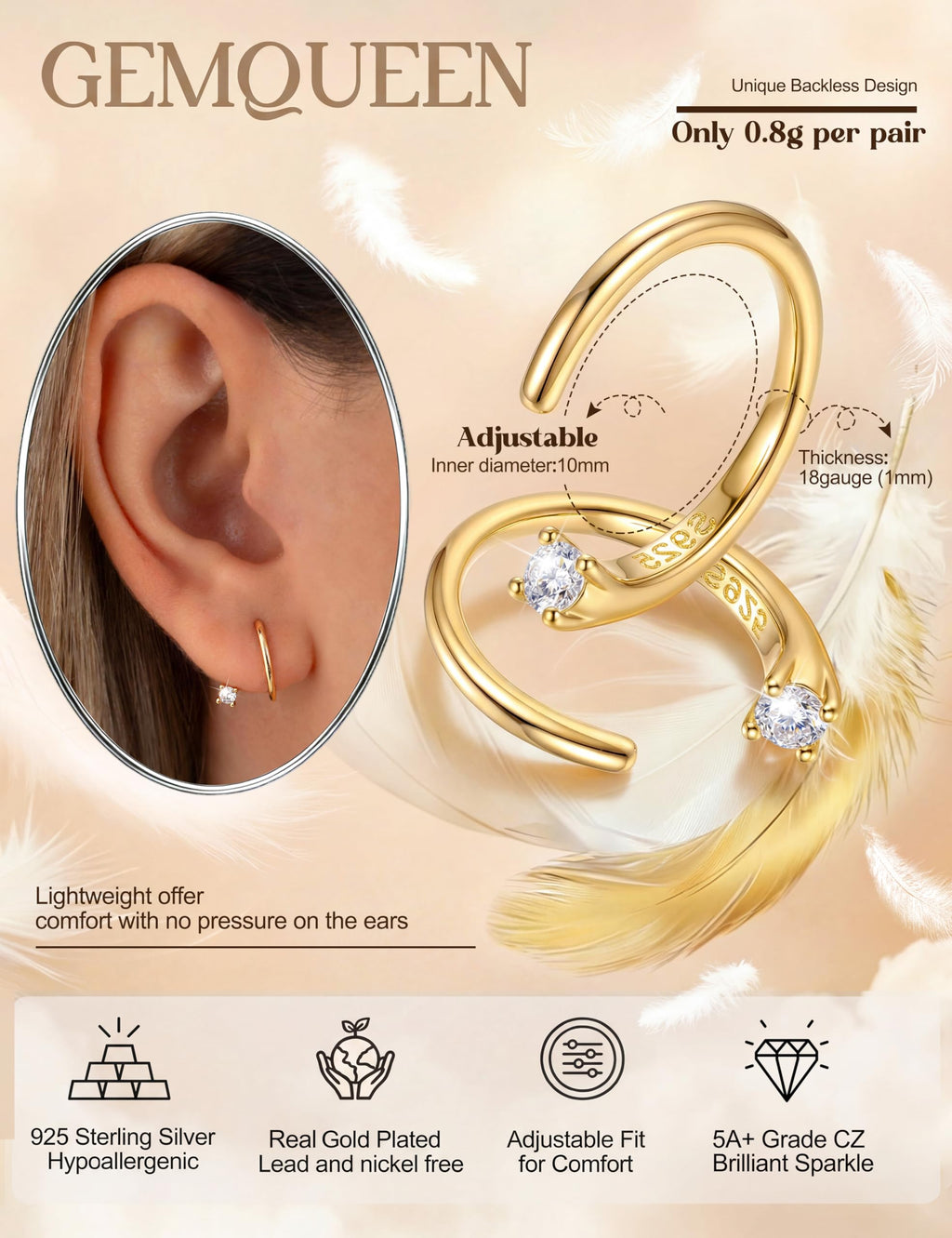 GEMQUEEN Arc Hoop Earrings Hypoallergenic, 925 Sterling Silver, Half Hoop