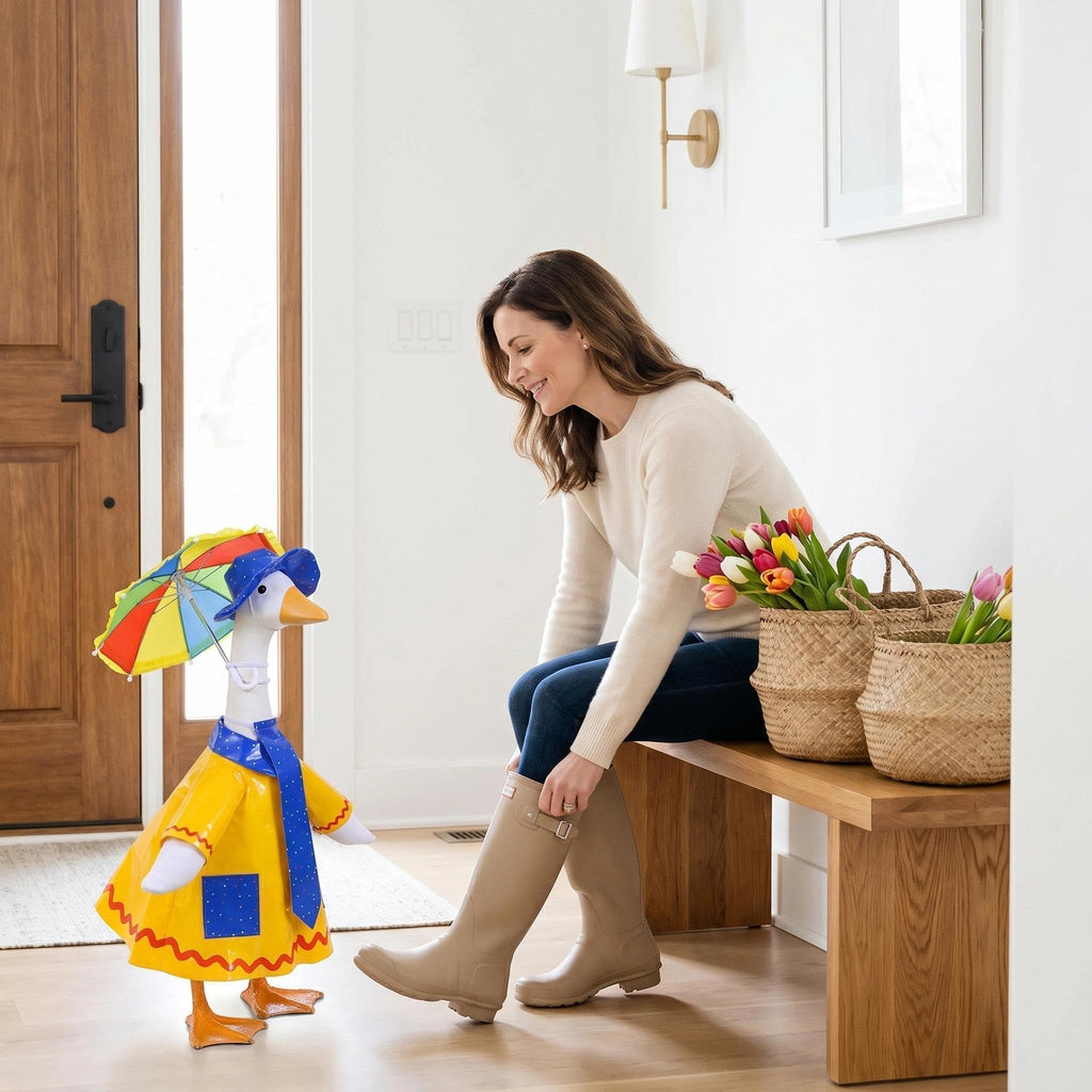 yuboo 23-Inch Porch Goose Raincoat Outfit - Summer Yellow Goose Clothes with Blue Pockets & Red Trim,Rainbow Umbrella Hat, Blue Sun Hat & Polka Dot Tie - Funny Garden Decor for Lawn & Yard