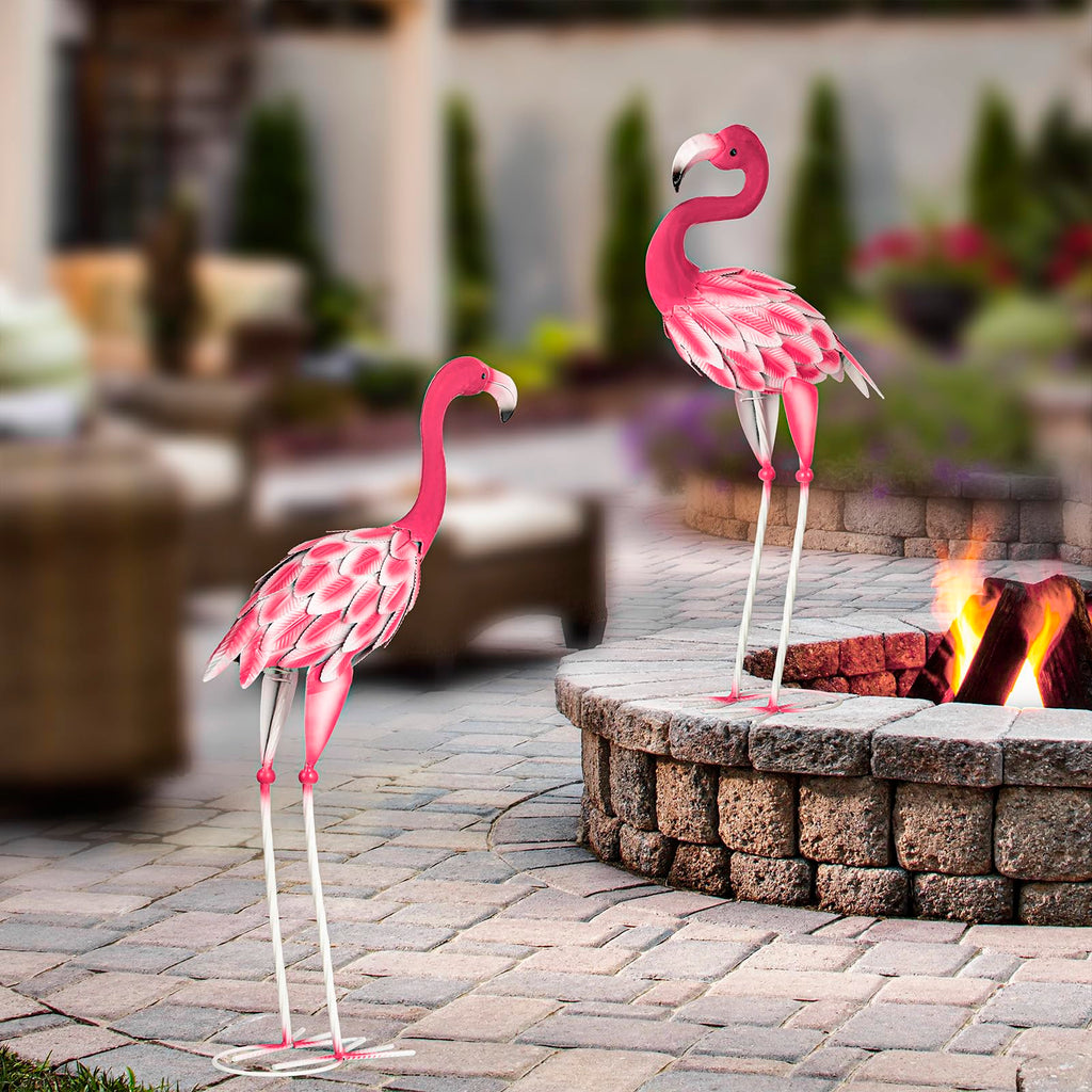 SUNREEK Set of 2 Pink Flamingo Outdoor Statues, Metal Yard Flamingo for Garden Patio Lawn Backyard Decorations