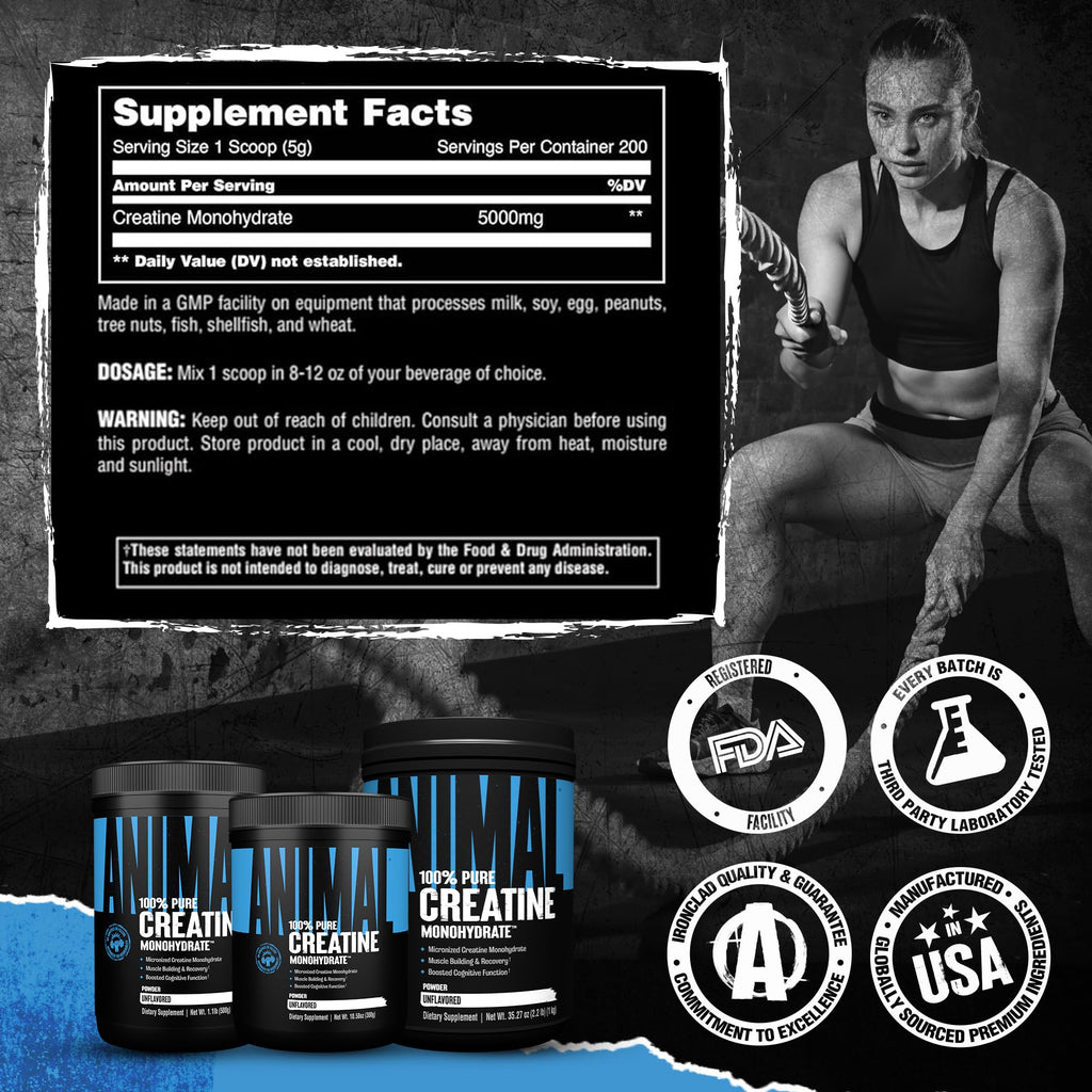 Animal Creatine Monohydrate Powder - Micronized Creatine for Women and Men, Supports Muscle Growth, Strength, Endurance, Recovery and ATP Production, Gym & Workout Supplements - Unflavored, 1kg