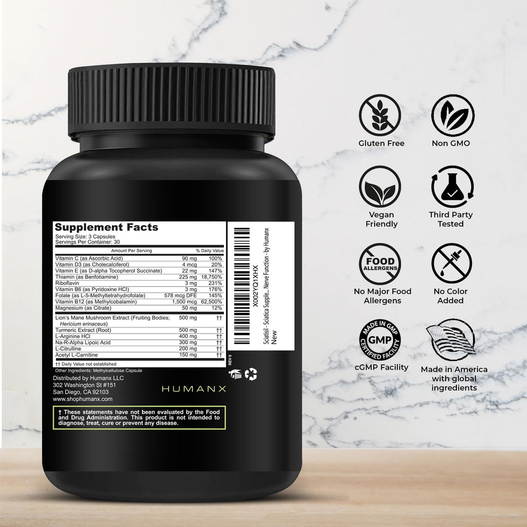 HUMANX Sciatica Focused Formula - Nerve Support Supplement with Stabilized R-Lipoic Acid for Extra Strength - Vitamins Promoting Healthy Back, Hips, Leg, Feet - Neuropathy Supplements - Sciatisil