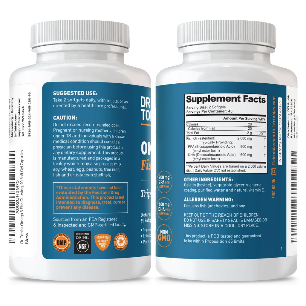 Dr. Tobias Omega 3 Fish Oil 2000mg Triple Strength with 800mg EPA 600mg DHA Per Serving | Fish Oil Omega 3 Supplements for Heart Brain & Immune Support - 90 Softgels (45 Servings)