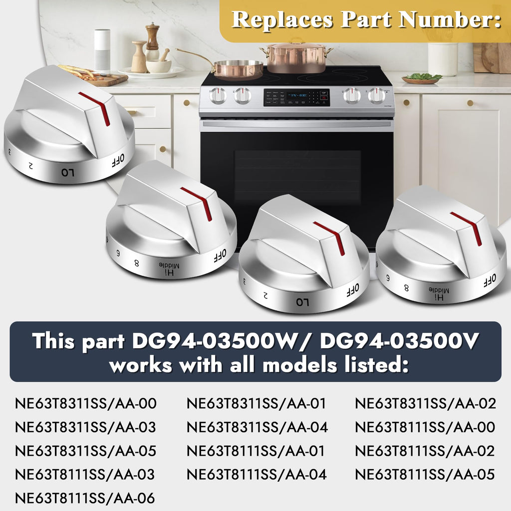 AMI PARTS NE63T8111SS NE63T8311SS NE63BG8315SS Fit for Samsung Electric Stove Knob Replacement Knobs for -DG94-03500V DG94-03500W DG94-03500A/Z (4PCS Silver)