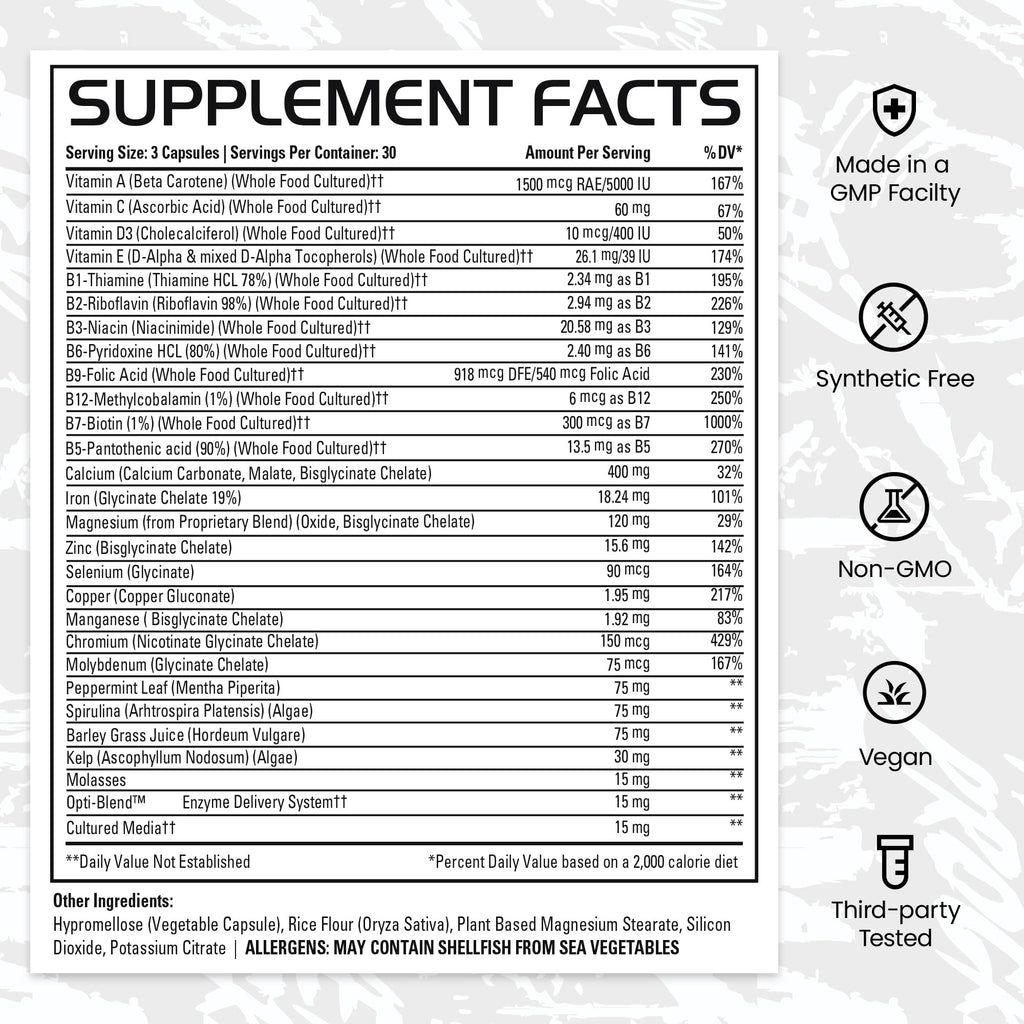 Gains in Bulk Square 1 Multivitamin and Mineral Supplement for Women and Men, Vitamins, Digestive Enzymes and Organic Minerals for Muscle Health, Performance and Immune Support, 90 Capsules