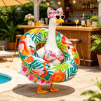 Ciyufavo 23 in Porch Goose Summer Outfit Bikini, Hawaiian Porch Goose Swimsuit Clothes Costume Accessories with Bow Glasses Swim Ring for 23" Summer Goose Garden Patio Statue Decor (Flamingos)