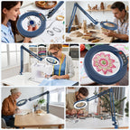 10X Magnifying Glass with Light and Clamp, Real Glass Stand Lighted Magnifier, 2*16 Arm 5 Color Modes Stepless Dimmable LED Desk Lamp Hands Free for Craft Hobby Reading Painting Close Work Large Blue