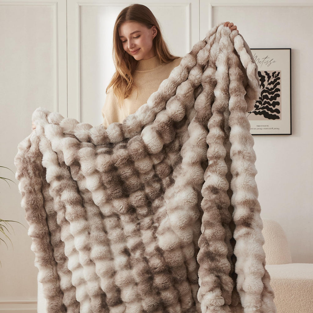 COOVA Soft Bubble Faux Fur Throw Blanket, 50"x60", Tie-dye Brown