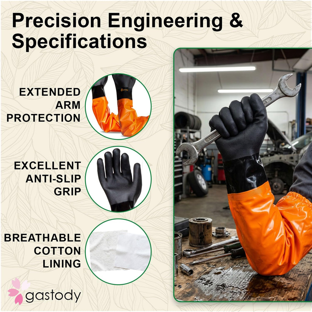 Gastody Chemical Resistant Gloves Extra-long 27.5" - Long PVC Arm Length Rubber Gloves Heavy Duty Waterproof with Cotton Liner for Household, Fishery Machinery, Chemical Industry Cleaning L