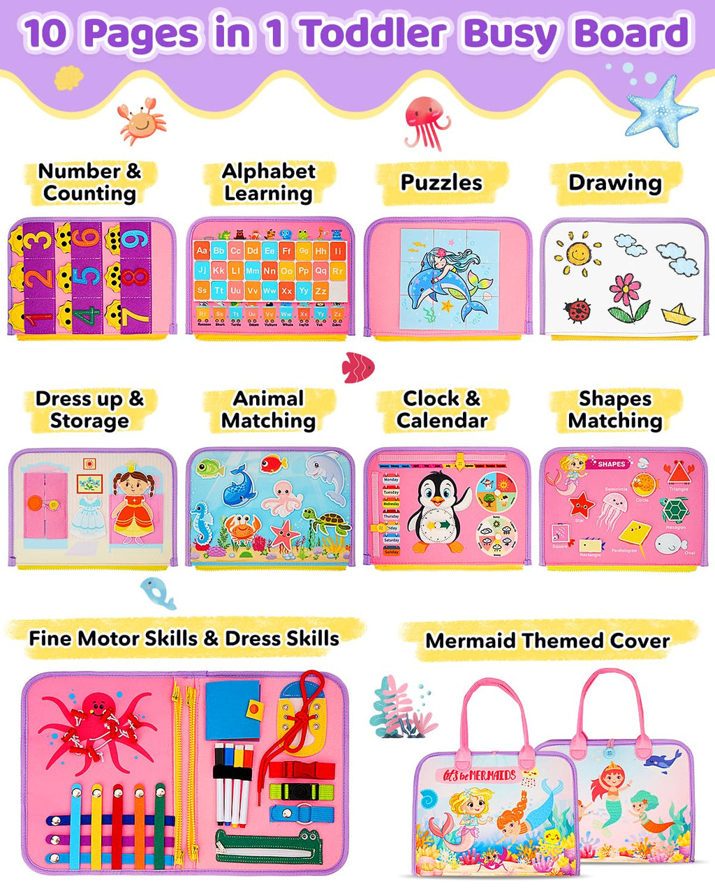 SaFeli Toddler Busy Board, Montessori Toys for 1 2 3 Year Old Girl Birthday Gifts - Educational Busy Book, Kids Sensory Toy, Preschool Learning Activities and Travel Toys for Toddlers 1-3 2-4