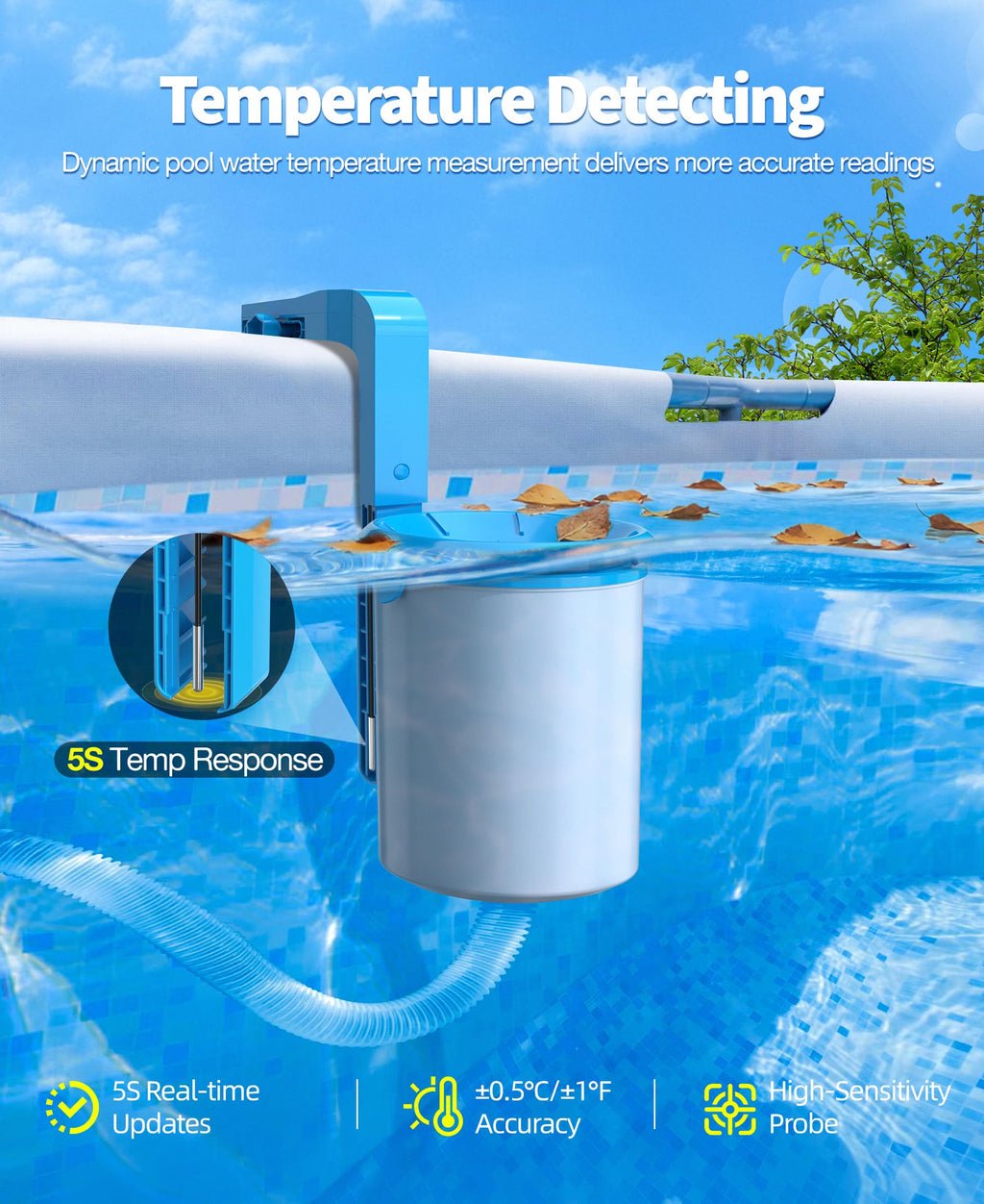 DeeprClean Newly Above Ground Pool Skimmer with Solar Digital Thermometer, Wall Mount Surface Skimmer with Adjustable Height Bracket, Auto Skimming for Pool Surface Floating Leaves & Debris - Blue