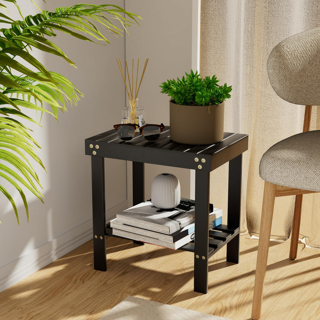 Glavbiku Bamboo Shower Bench, Shower Stool for Shaving Legs with Non-Slip Feet Storage Shelf Safe and Stable, Kids Adults Sauna Chair for Spa, Bathroom, Bedside, Living Room, Outdoor Side Table