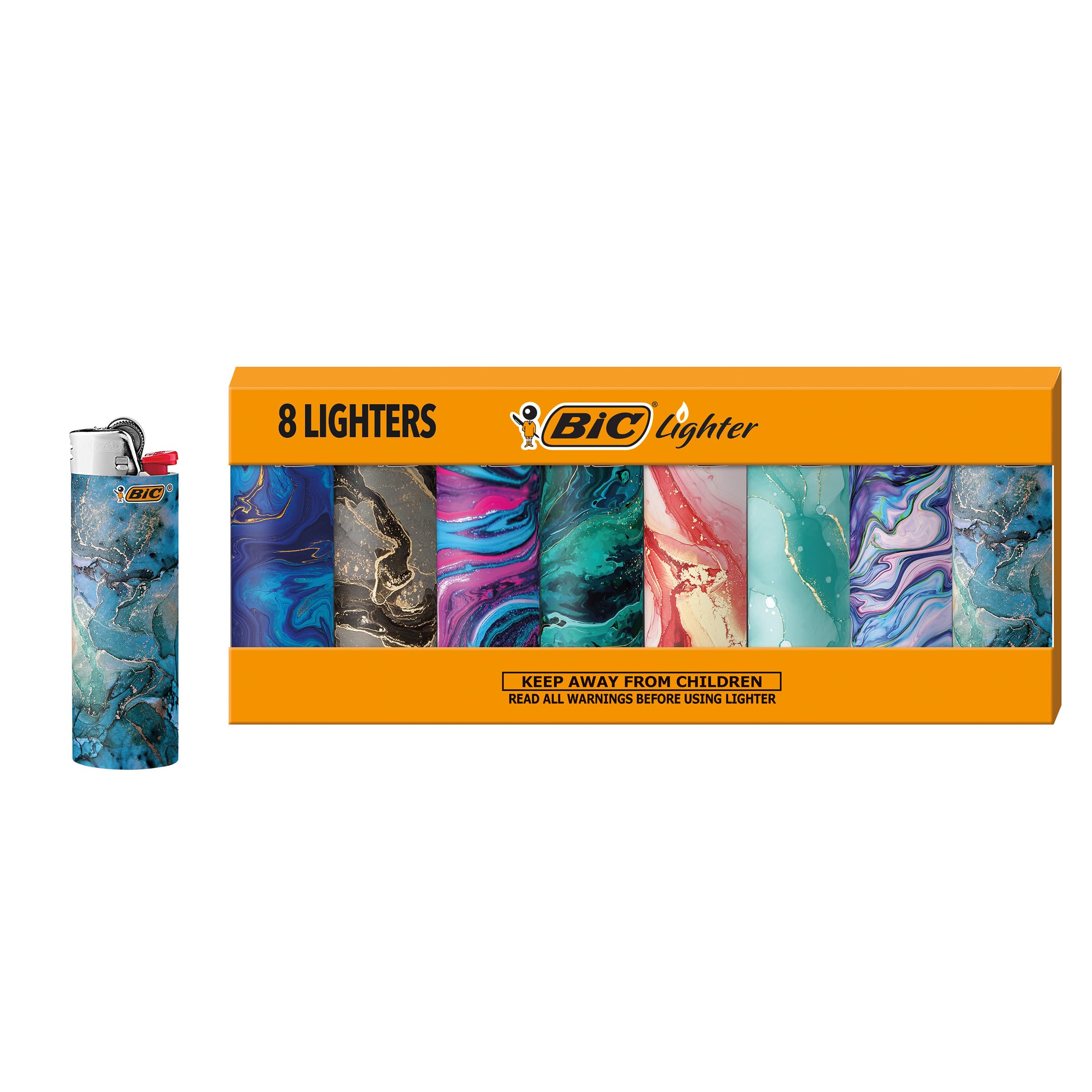 BIC Maxi Pocket Lighter, Special Edition Marble Collection, Assorted Unique Lighter Designs, 8 Count Pack of Lighters (Colors May Vary)