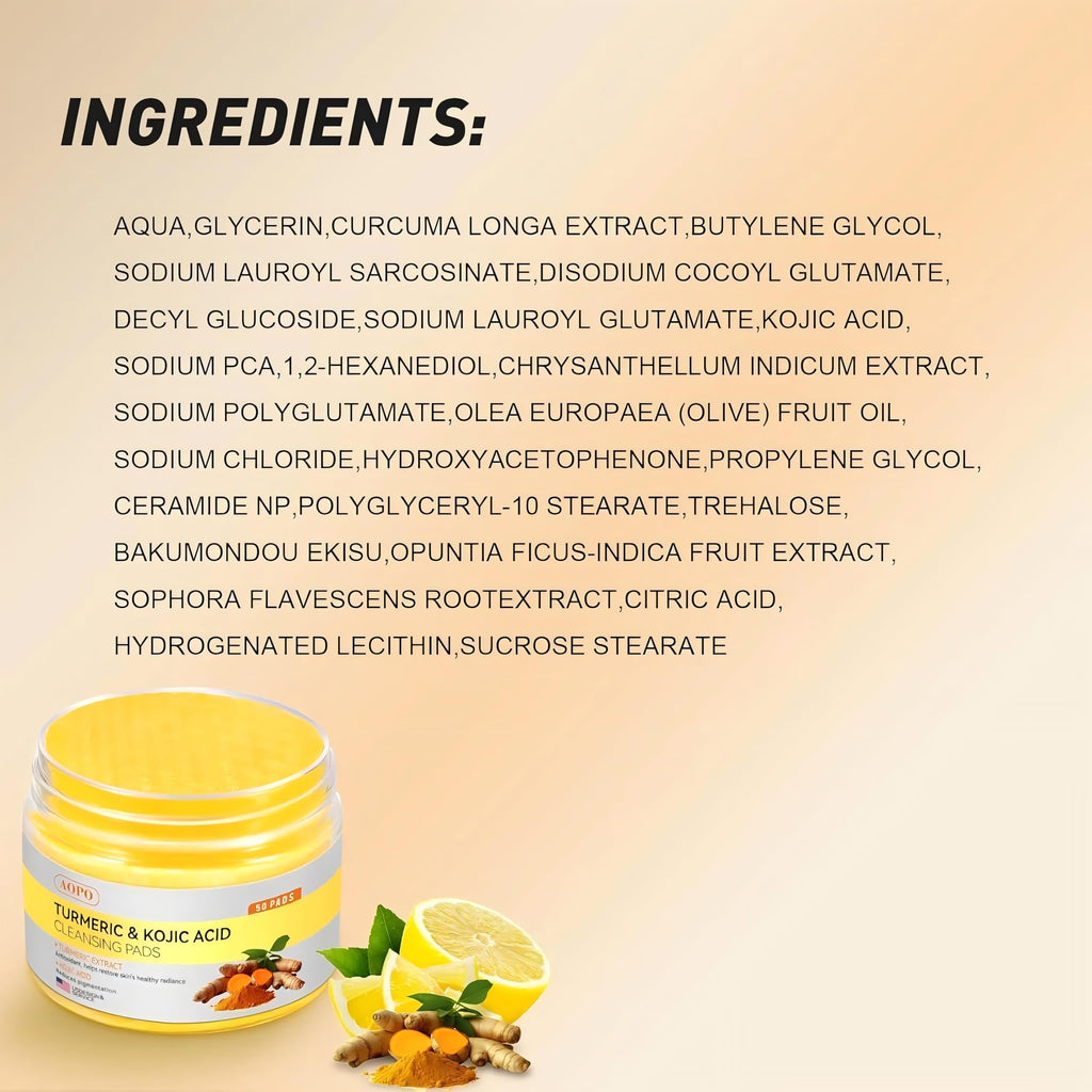 Kojic Acid and Turmeric Cleansing Pads, 50 Pcs, for Face Cleansing and Exfoliation