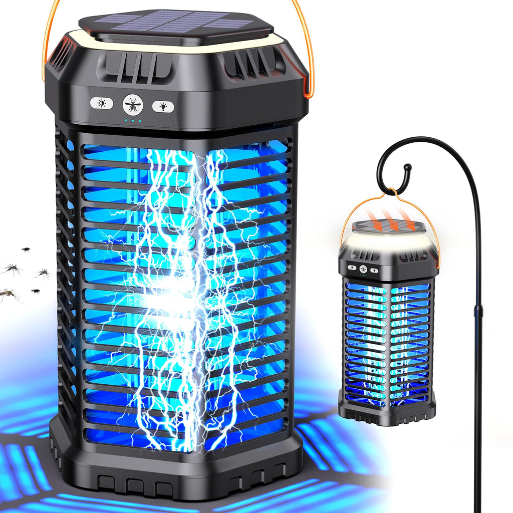 GTERT Solar Bug Zapper Outdoor, Rechargeable Mosquito & Fly Zapper with Auto ON/Off, 6000mAh Long-Lasting, Foldable Camping Light, Solar & USB Powered Bug Zapper for Patio, Camping & Indoor Use