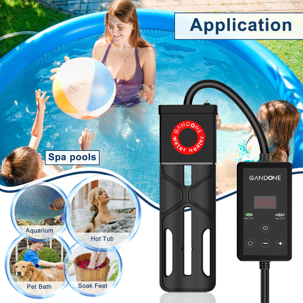 GANDONE Dual Spa Water Heater, Portable Hot Tub Immersion Water Heater Cast Aluminum Submergible mit Temperature Sensor and Digital Display for Bathtub