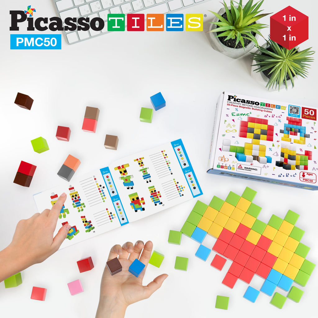 Picasso Cubes Kids Pixel 1” Magnetic Puzzle Cube Mix & Match w/Free Ideabook Sensory Toys STEAM Learning Building Block Magnets Construction Toy Set Stacking Magnet Creative Kit
