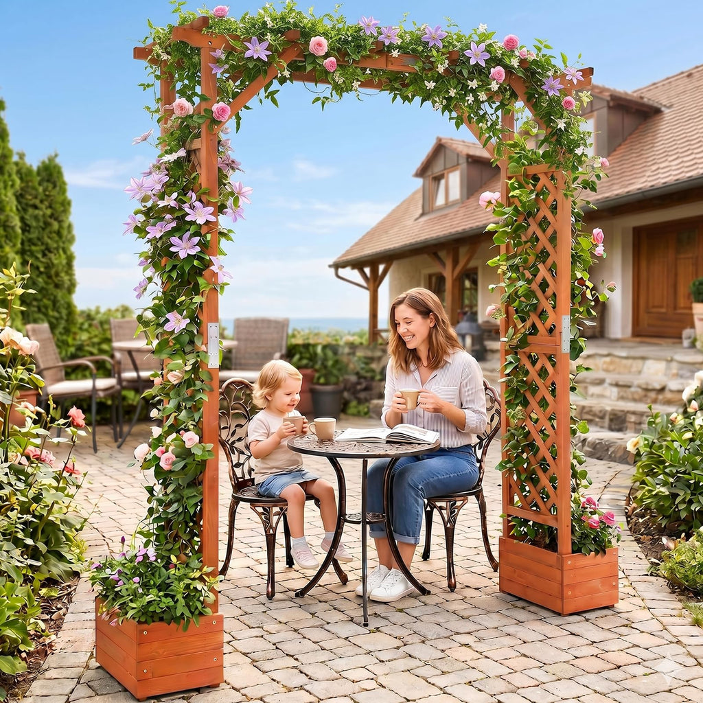 VINGLI Wooden Garden Arbor with Planter, Wedding Arch for Ceremony, Wood Garden Arbour Trellis for Plant Climbing, Pergola for Garden Backyard, Lawn, Outdoor (Golden Brown)