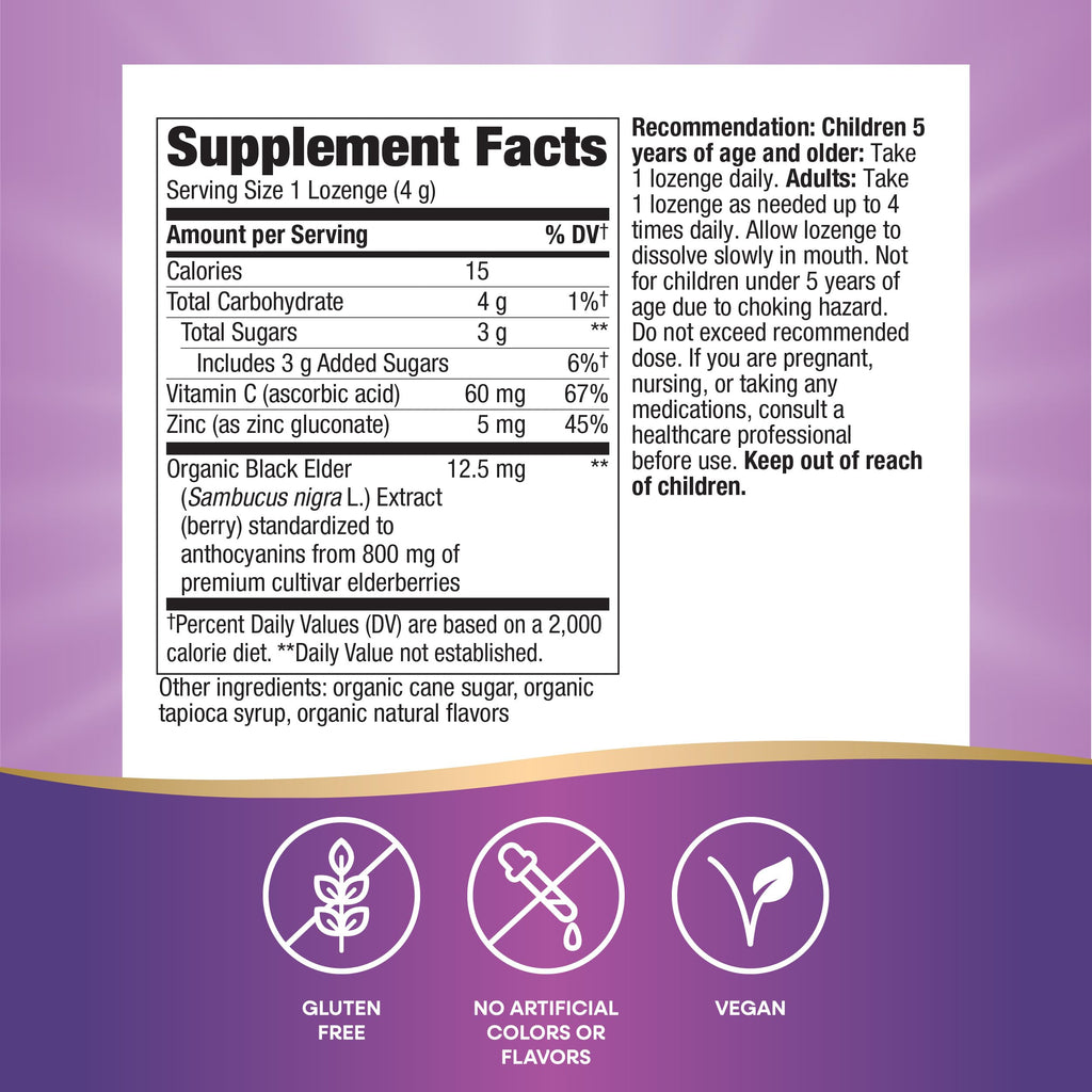 Nature’s Way Sambucus Immune Lozenges – Immune Lozenges for On-the-Go Use*– Zinc, Vitamin C & Black Elderberry Extract – Vegan & Gluten-Free - Original Elderberry Flavor - 72 Count (72 Servings, 3 pk)