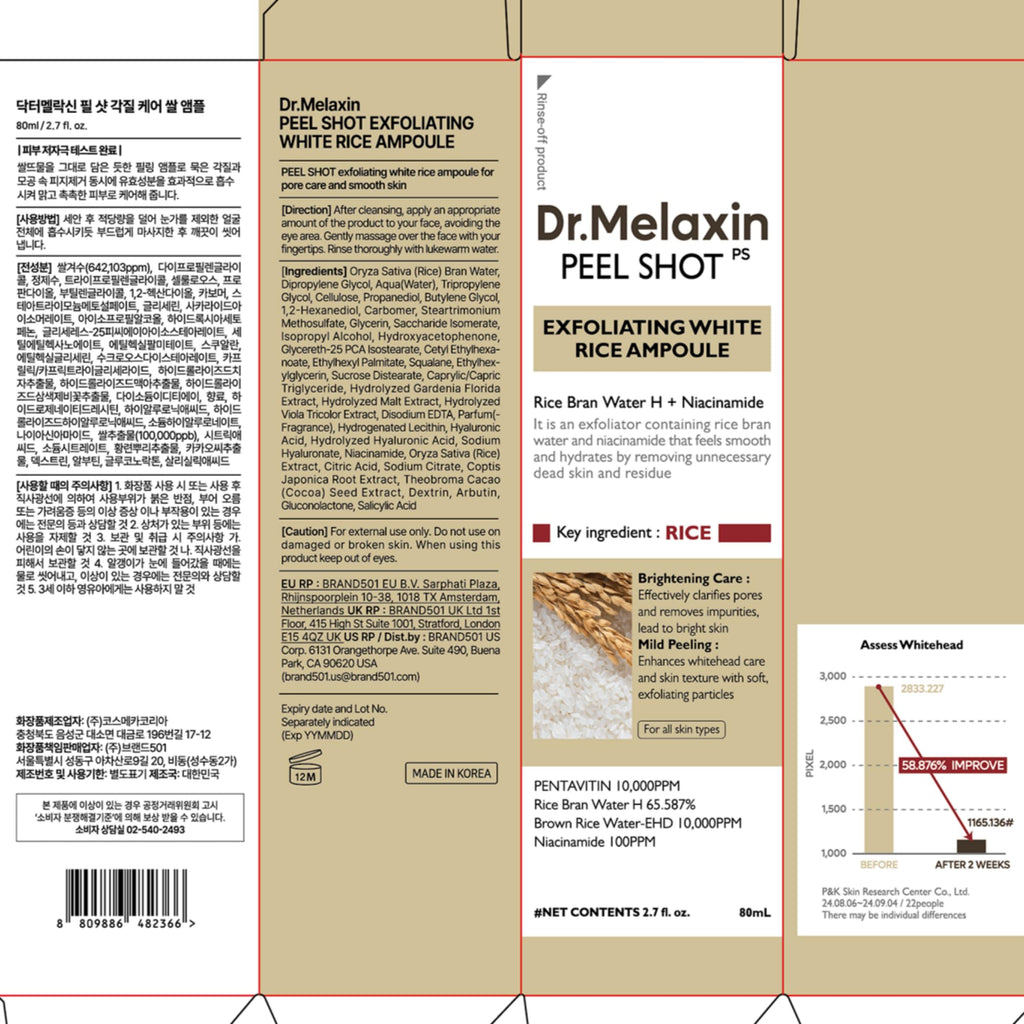 Dr.Melaxin Peel Shot Glow White Rice Peeling Ampoule with Rice Extract & AHA BHA, Gentle Exfoliating Serum for Sebum Control, Niacinamide & Hyaluronic Acid, Korean Skincare, 2.71 fl.oz
