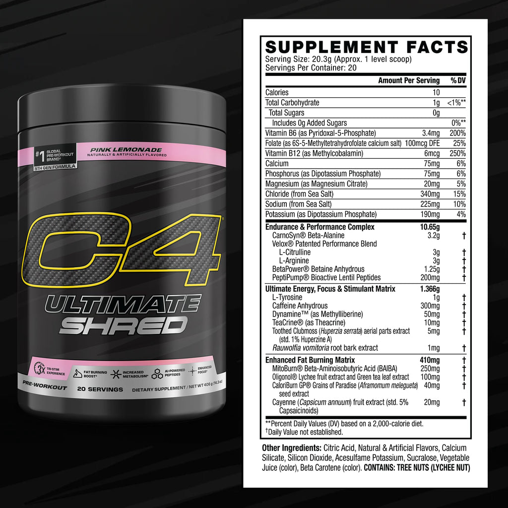 Cellucor C4 Ultimate Shred Pre Workout Powder, Metabolism Supplement with Cayenne Extract+300mg Caffeine+TeaCrine+Dynamine - Pink Lemonade, 20 Servings