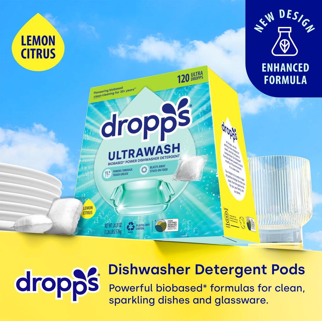 Dropps UltraWash Dishwasher Detergent Pods, Lemon Citrus (120 Ct) - Cuts Grease & Stuck-On Food | Sparkling Dishes & Glasses | Residue-Free | Clean Ingredients | No Pre-Rinse | Plastic Free Packaging