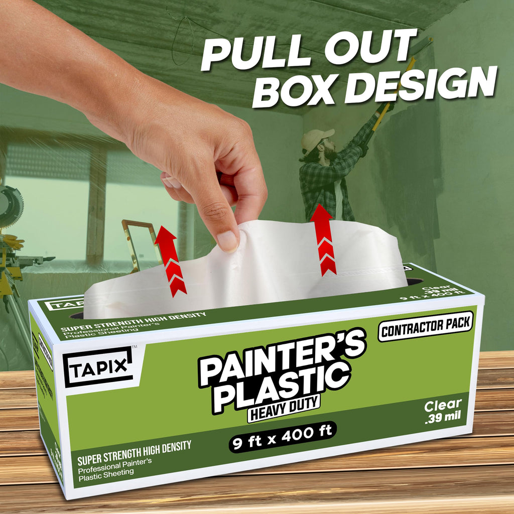Painter's Plastic Film Heavy Duty 0.39 mil, 400' Length x 9' Width High, High Density Painters Plastic Sheeting Roll in Box with Dispense Hole for Easy Paint Plastic Covering