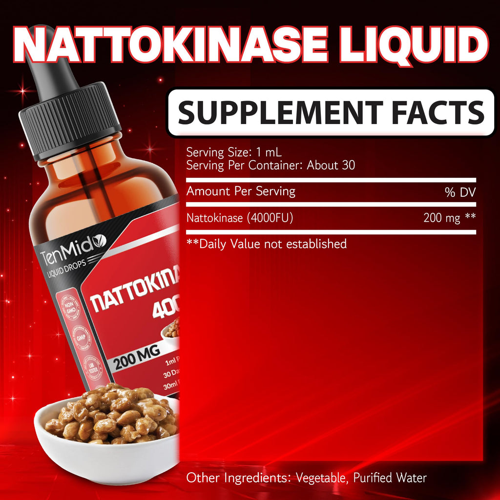 Tenmido Nattokinase Supplement Liquid Drops | Nattokinase 4000 FU | High Absorption | Alcohol-Free | Vegan, Non-GMO | 30ml 1Fl Oz