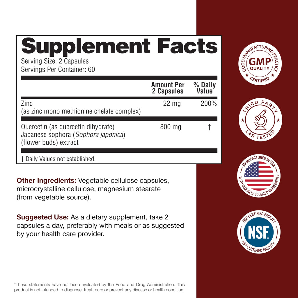 Sandhu's Zinc Quercetin 120 Vegetarian Capsules (Pack of 1) | High Absorption Zink Supplements for Immunity and Seasonal Allergy | Antioxidant Immune Support for Men and Women | Easy to Swallow