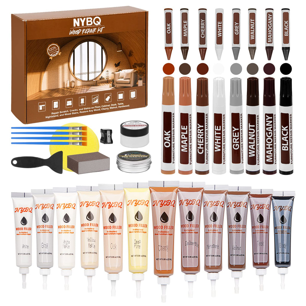 Wood Furniture Repair Kit- Set of 41 Laminate Vinyl Floor Repair Kit Wood Fillers,Floor Scratch Repair, Touch Up Markers, Restore Hardwood Scratches, Cracks, Hole for Floor, Table, Door, Cabinet