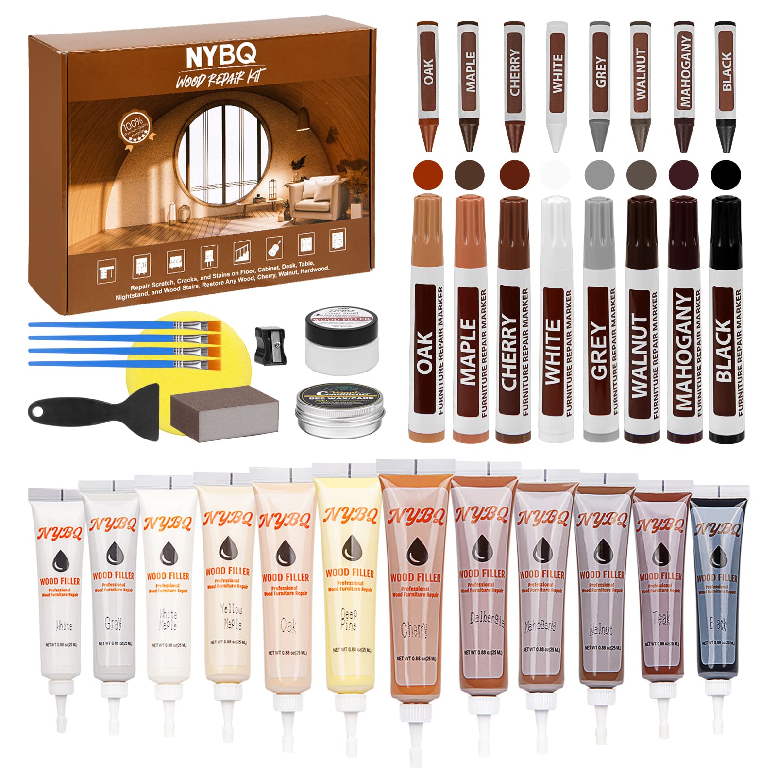 Wood Furniture Repair Kit- Set of 41 Laminate Vinyl Floor Repair Kit Wood Fillers,Floor Scratch Repair, Touch Up Markers, Restore Hardwood Scratches, Cracks, Hole for Floor, Table, Door, Cabinet