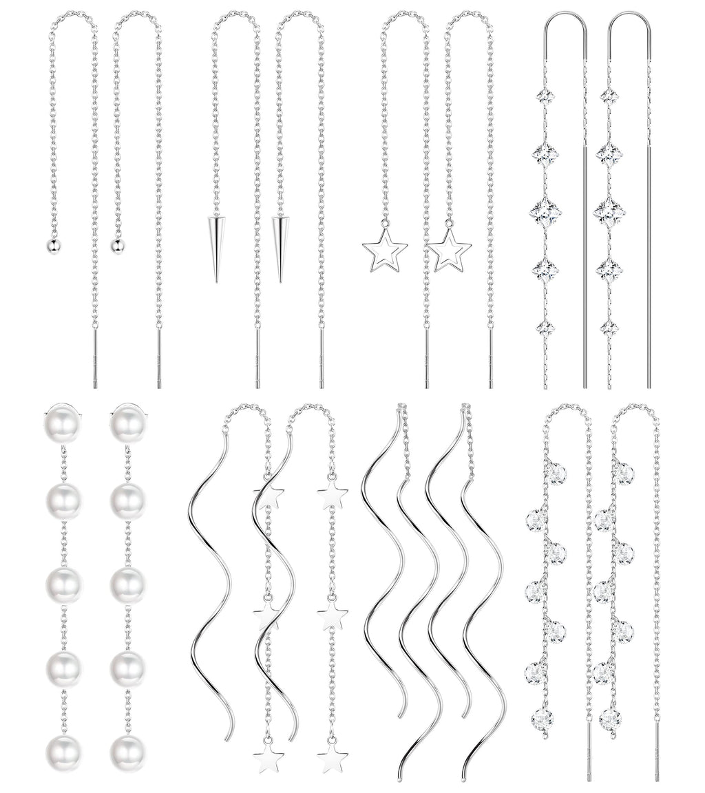 HAIAISO 8 Pairs Threader Dangle Earrings for Women 316L Stainless Steel Chain Tassel Earrings Lightweight Double Twist Wave Threader Drop Earrings Long Chain Earrings Set