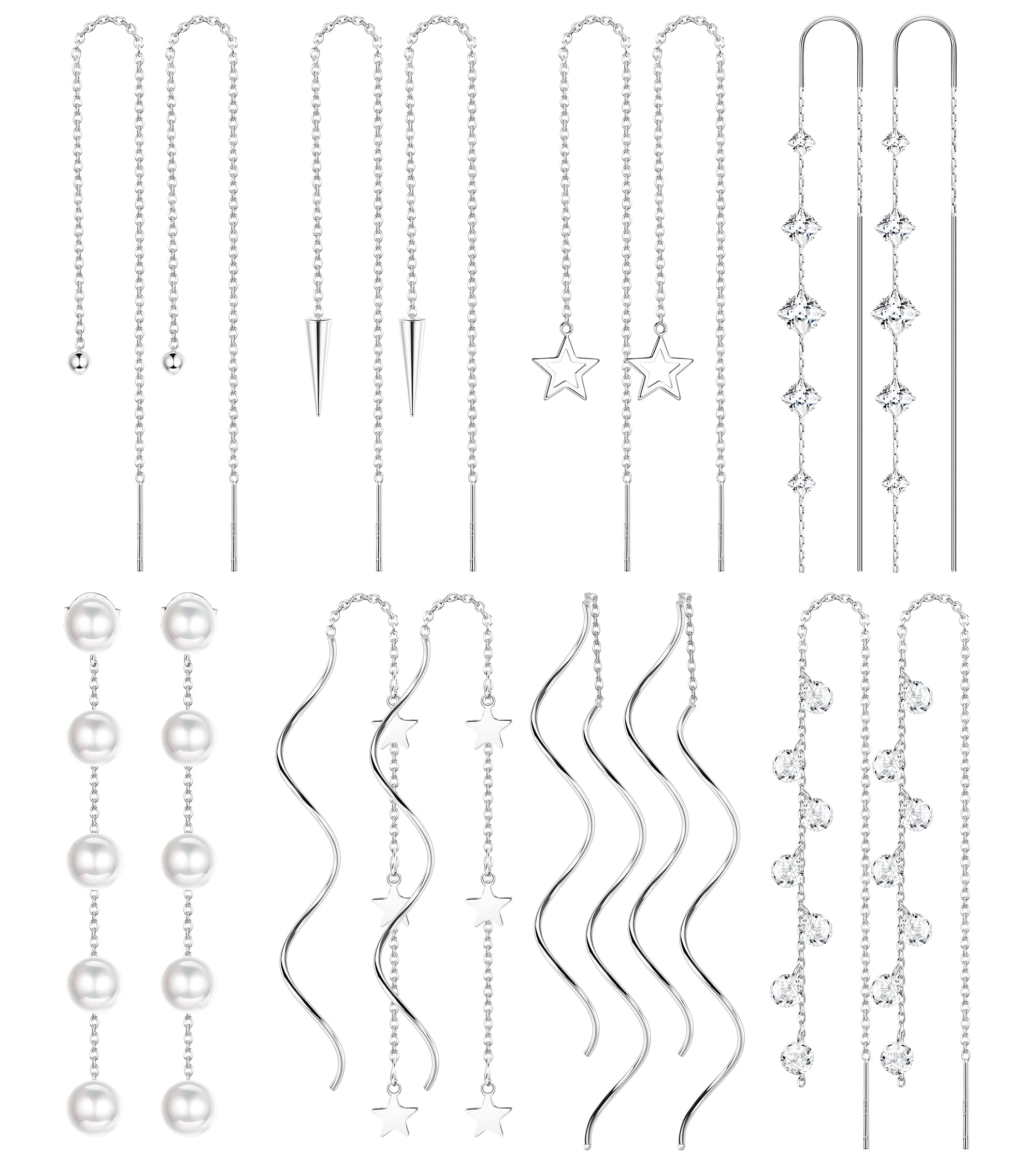HAIAISO 8 Pairs Threader Dangle Earrings for Women 316L Stainless Steel Chain Tassel Earrings Lightweight Double Twist Wave Threader Drop Earrings Long Chain Earrings Set